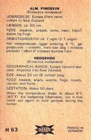 1969 Dandy Gum H Wild Animals (A) (Danish/English) #63 Hedgehog Back