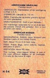 1969 Dandy Gum H Wild Animals (A) (Danish/English) #64 American badger Back