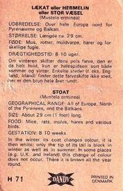 1969 Dandy Gum H Wild Animals (A) (Danish/English) #71 Stoat Back