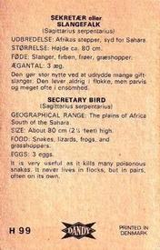 1969 Dandy Gum H Wild Animals (A) (Danish/English) #99 Secretary bird Back