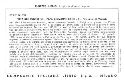 1967 Liebig Vita dei Pontefici Papa Giovanni XXIII (The life of Pope Giovanni XXIII) (Italian Text) (F1823, S1825) #3 Patriarca di Venezia Back