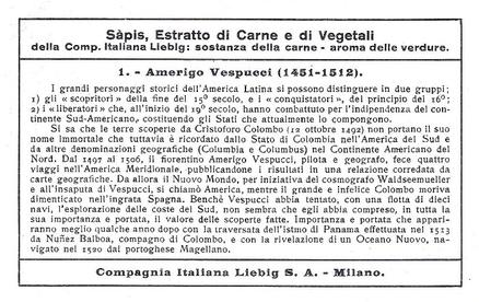 1938 Liebig Grandi personaggi storici dell'America Latina - Famous historical people of Latin America (Italian Text) (F1370, S1380) #1 Amerigo Vespucci Back