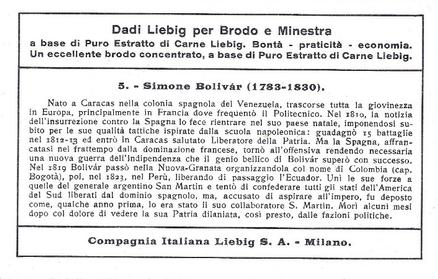 1938 Liebig Grandi personaggi storici dell'America Latina - Famous historical people of Latin America (Italian Text) (F1370, S1380) #5 Simon Bolivar Back