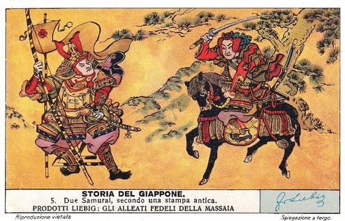 1938 Liebig Storia del Giappone 1 (History of Japan) (Italian Text)(F1368A, S1377) #5 Due Samurai, secondo una stampa antica Front