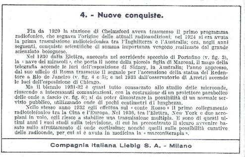 1938 Liebig Guglielmo Marconi (G. Marconi) (Italian Text)(F1376, S1382) #4 Nuove conquiste (vignetta: Da Roma a Rio de Janeiro) Back