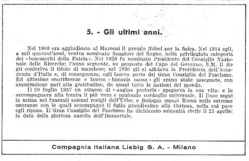 1938 Liebig Guglielmo Marconi (G. Marconi) (Italian Text)(F1376, S1382) #5 Gli ultimi anni (vignetta: La statua del Redentore Illuminata a Rio de Janeiro) Back