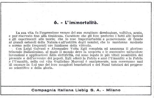 1938 Liebig Guglielmo Marconi (G. Marconi) (Italian Text)(F1376, S1382) #6 L'immortalità (vignetta: Projettore parabolico delle onde a fascio) Back