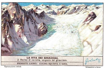 1938 Liebig La Vita dei Ghiacciai - The life of a Glacier (Italian Text)(F1395, S1389) #2 Bacino di raccolta, sorgente del ghiacciaio Front