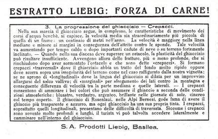1938 Liebig La Vita dei Ghiacciai - The life of a Glacier (Italian Text)(F1395, S1389) #3 Crepacci transversali su terreno accidentato Back