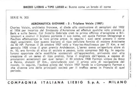 1968 Liebig Aeronautica giovane - The first aeroplanes (Italian Text)(F1824, S1827) #3 Triplano Voisin (1907) Back