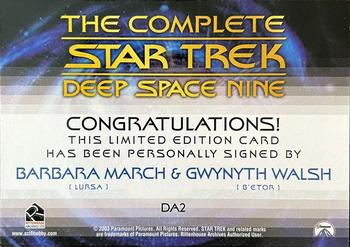2003 Rittenhouse The Complete Star Trek Deep Space Nine - Dual Autographs #DA2 Barbara March / Gwynyth Walsh Back