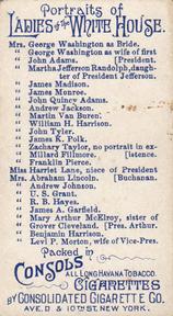 1889 Consolidated Cigarette Co. Ladies of the White House (N353) #NNO Mrs. John Adams Back