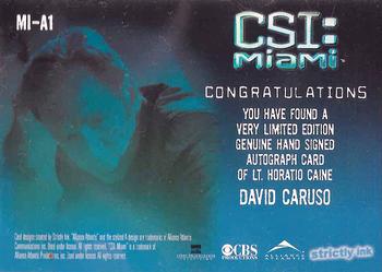 2004 Strictly Ink CSI Miami Series 1 - Autograph Cards #MI-A1 David Caruso Back