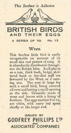 1936 Godfrey Phillips British Birds and Their Eggs #13 Wren Back
