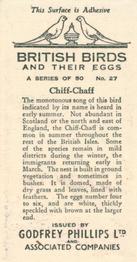 1936 Godfrey Phillips British Birds and Their Eggs #27 Chiff-Chaff Back
