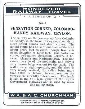 1937 Churchman's Wonderful Railway Travel (Large) #1 Sensation Corner, Colombo-Kandy Railway, Ceylon Back