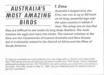 1993 Weet-Bix Australia's Most Amazing Birds #1 Emu Back