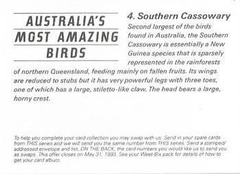 1993 Weet-Bix Australia's Most Amazing Birds #4 Southern Cassowary Back