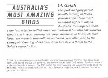 1993 Weet-Bix Australia's Most Amazing Birds #14 Galah Back