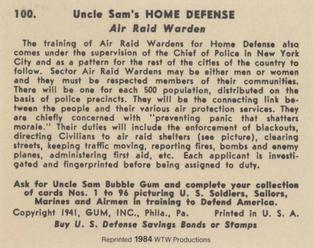 1984 WTW 1941 Uncle Sam's Home Defense (R158) (Reprint) #100 Air Raid Warden Back