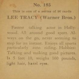 1936 Anonymous Movie Stars Series of 96 (R133) #185 Lee Tracy Back
