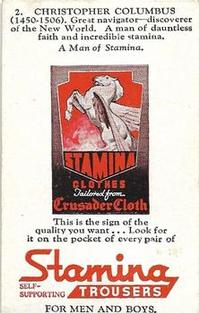 1950 Stamina Clothes Men of Stamina Series No. 4 #2 Christopher Columbus Back