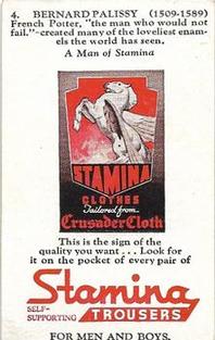 1950 Stamina Clothes Men of Stamina Series No. 4 #4 Bernard Palissy Back