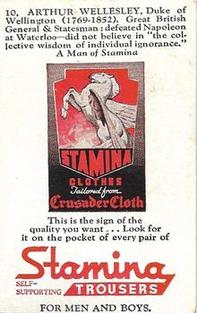 1950 Stamina Clothes Men of Stamina Series No. 4 #10 Arthur Wellesley Back