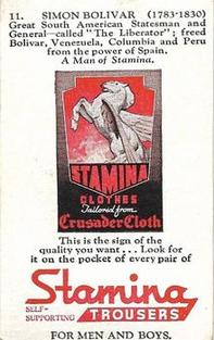 1950 Stamina Clothes Men of Stamina Series No. 4 #11 Simon Bolivar Back