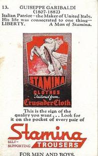 1950 Stamina Clothes Men of Stamina Series No. 4 #13 Giuseppe Garibaldi Back