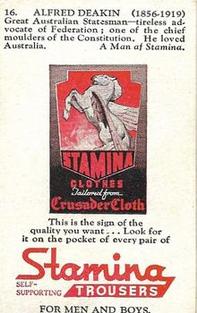 1950 Stamina Clothes Men of Stamina Series No. 4 #16 Alfred Deakin Back