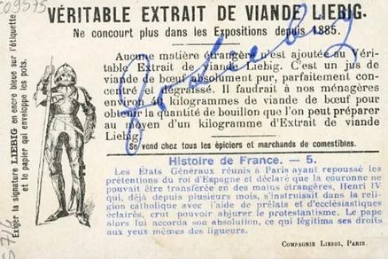 1902 Liebig History of France VI (French Text)(F716, S714) #5 Henry IV 1593 Back