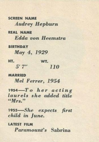 1955 Anon-Magazine Film Stars #NNO Audrey Hepburn Back