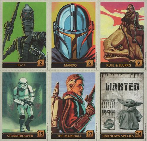 2022 Eggo Star Wars The Mandalorian - 6-card Panels #2 / 6 / 9 / 15 / 19 / 24 IG-11 / Mando / Kuiil & Blurrg / Stormtrooper / The Marshall / Unknown Species Front