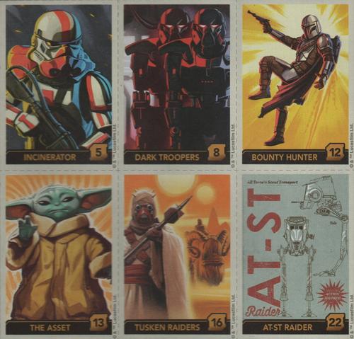 2022 Eggo Star Wars The Mandalorian - 6-card Panels #5 / 8 / 12 / 13 / 16 / 22 Incinerator / Dark Troopers / Bounty Hunter / The Asset / Tusken Raiders / AT-ST Raider Front