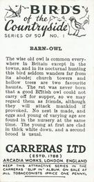 1939 Carreras Birds of the Countryside #1 Barn-Owl Back