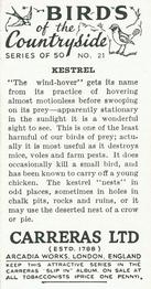 1939 Carreras Birds of the Countryside #21 Kestrel Back