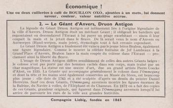 1940 Liebig Les Geants (The Giants)(French Text)(F1412, S1416) #2 Le Geant d'Anvers, Druon Antigon Back