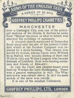 1924 Godfrey Phillips Arms of the English Sees #10 Manchester Back