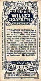 1912 Wills's Musical Celebrities #22 Johannes Brahms Back
