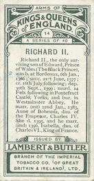 1906 Lambert & Butler Arms of Kings and Queens of England #14 Richard II Back