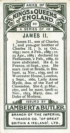 1906 Lambert & Butler Arms of Kings and Queens of England #30 James II Back