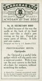 1925 Carreras A “Kodak” at the Zoo (Second Series of 50) #33 Secretary Bird Back
