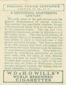1929 Wills’s English Period Costumes (Large) #21 A Gentleman, Nineteenth Century Back
