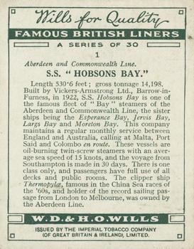 1934 Wills’s Famous British Liners (1st Series) #1 S.S. Hobson’s Bay Back