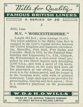 1934 Wills’s Famous British Liners (1st Series) #3 M.V. Worcestershire Back
