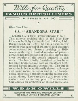1934 Wills’s Famous British Liners (1st Series) #5 S.S. Arandora Star Back