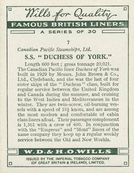 1934 Wills’s Famous British Liners (1st Series) #7 S.S. Duchess of York Back