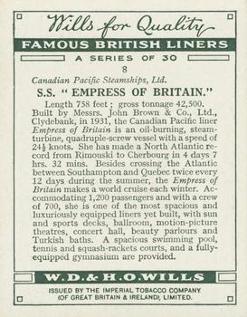 1934 Wills’s Famous British Liners (1st Series) #8 S.S. Empress of Britain Back