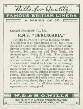 1934 Wills’s Famous British Liners (1st Series) #10 R.M.S. Berengaria Back